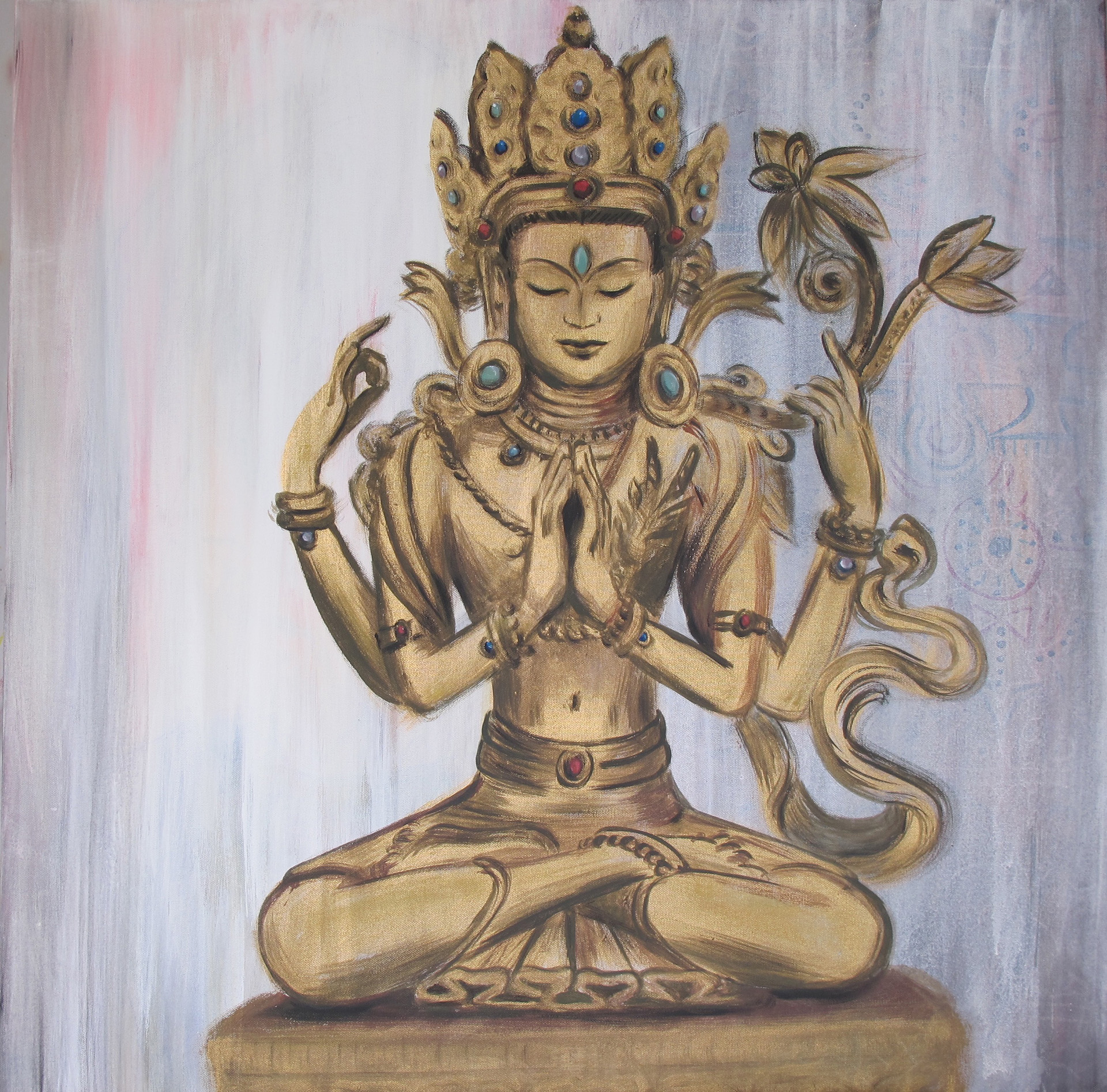 sitzender, goldene Bodhisattva-Skulptur in tibetischem Stil mit vier Armen mit sehr hellem Hintergrund