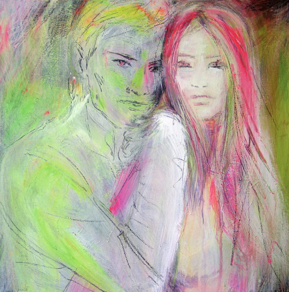 Brustbild eines Mannes in grün und einer Frau mit pinkfarbenen, langen Haaren