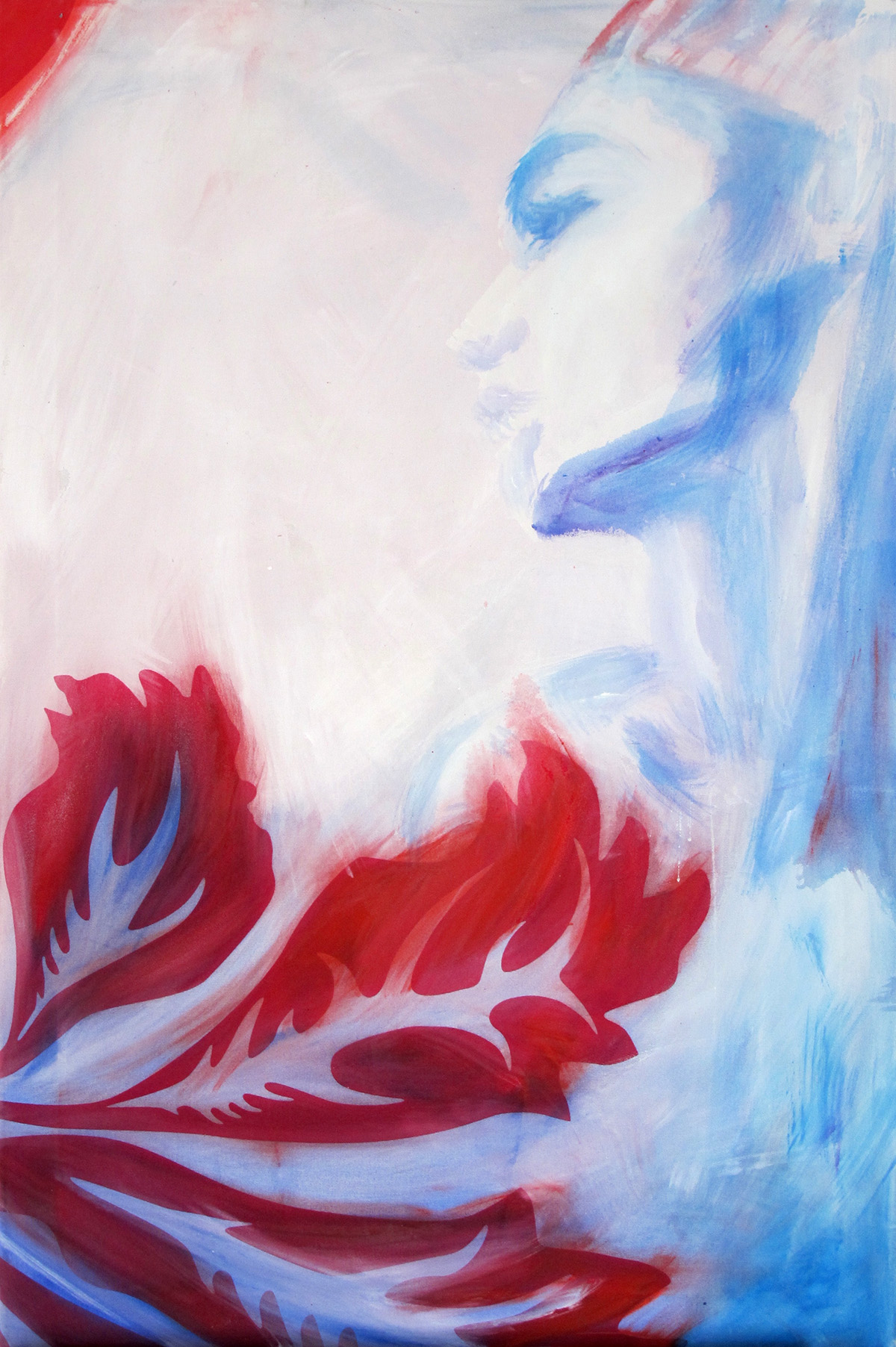 Profil einer Person in weiß und hellblau mit einem großen, roten Pflanzenblatt im Vordergrund